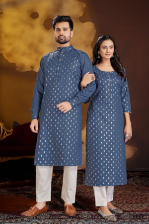 Couple Ethnic Cotton Kurta Payjama and Kurti with Pant Set. - Blue, Large (L)