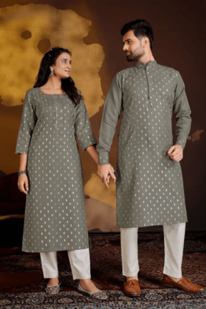 Couple Ethnic Cotton Kurta Payjama and Kurti with Pant Set. - Grey, Large (L)