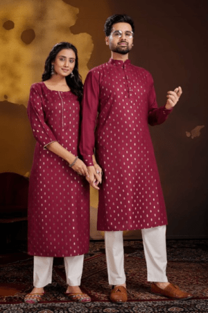 Couple Ethnic Cotton Kurta Payjama and Kurti with Pant Set. - Maroon, Large (L)