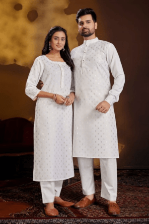Couple Ethnic Cotton Kurta Payjama and Kurti with Pant Set. - White, Large (L)