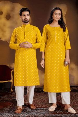 Couple Ethnic Cotton Kurta Payjama and Kurti with Pant Set. - Yellow, Large (L)