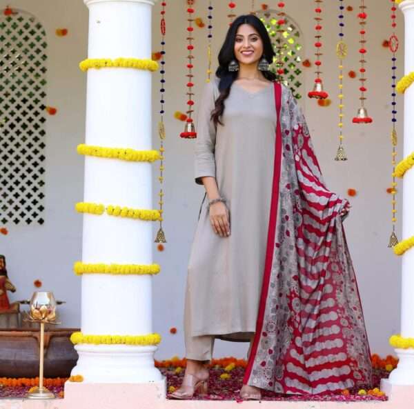 Light Grey Cotton Kurti  3PC Set - Image 4