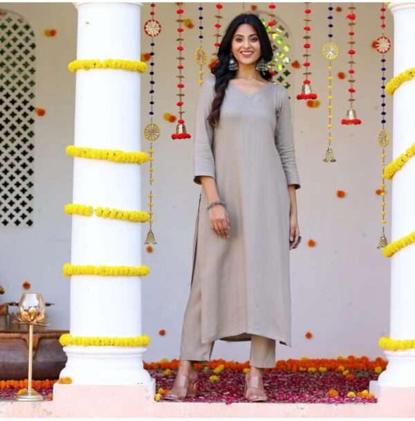 Light Grey Cotton Kurti  3PC Set - Image 3