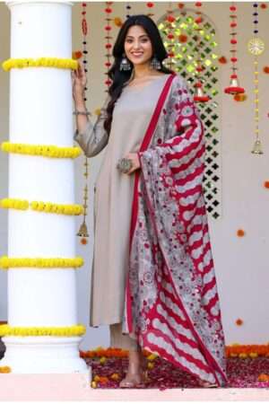 Light Grey Cotton Kurti  3PC Set